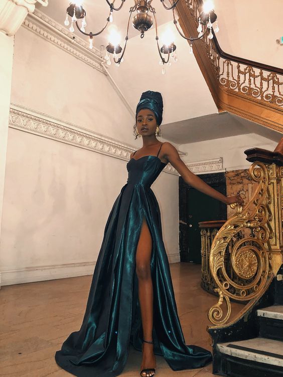 Vestido de fiesta largo con abertura en forma de A, vestido formal de satén verde oscuro fg1790