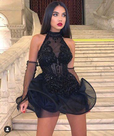Vestido de fiesta de graduación corto de tul negro fg1448