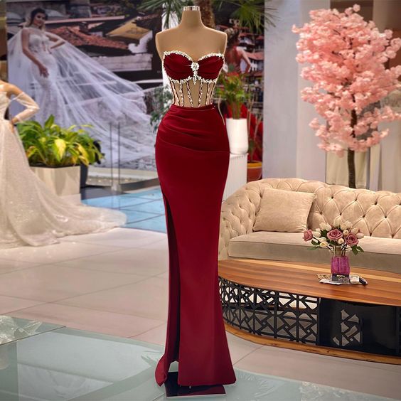 Burgundy Prom Dresses Robes De Soiree See-Through Body Sweetheart Beading Rhinestones Mermaid Evening Dress Split Pageant Gown fg1186
