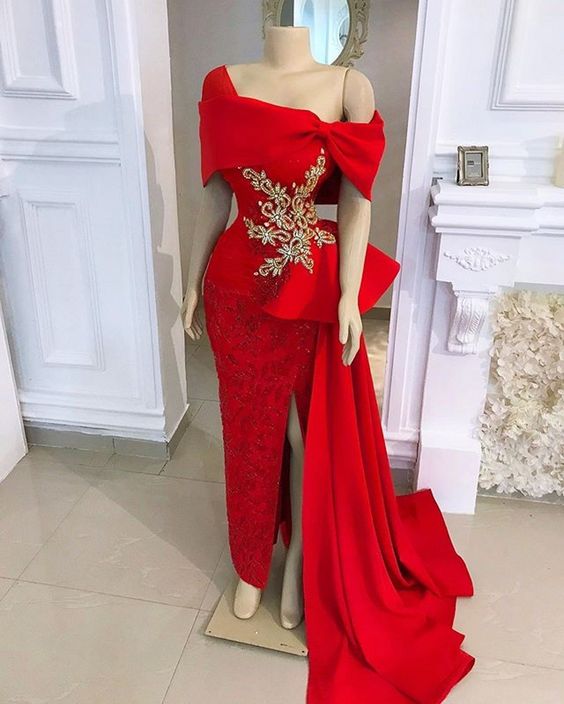 African Red Mermaid Evening Dresses Long Luxury Off Shoulder Beaded with Satin Overskirt Formal Dress Party Gown fg1543