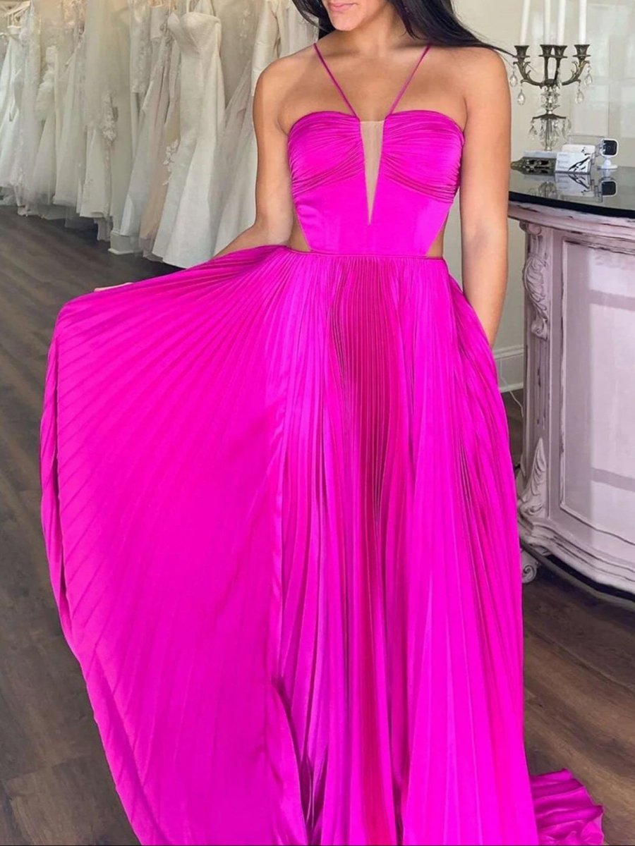 Kimia | Vestido formal largo de gasa plisada azul real con tirantes en forma de A y lazo en la espalda