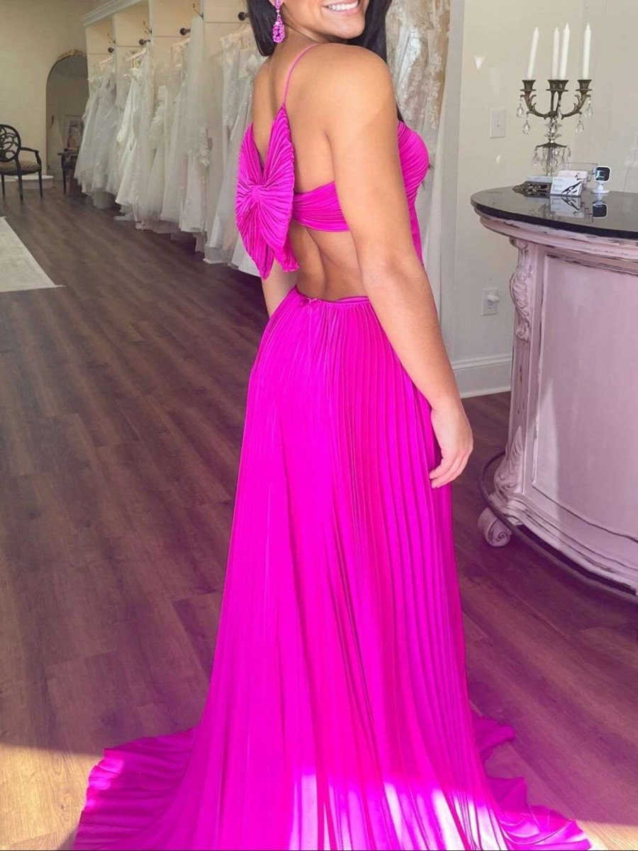 Kimia | Vestido formal largo de gasa plisada azul real con tirantes en forma de A y lazo en la espalda