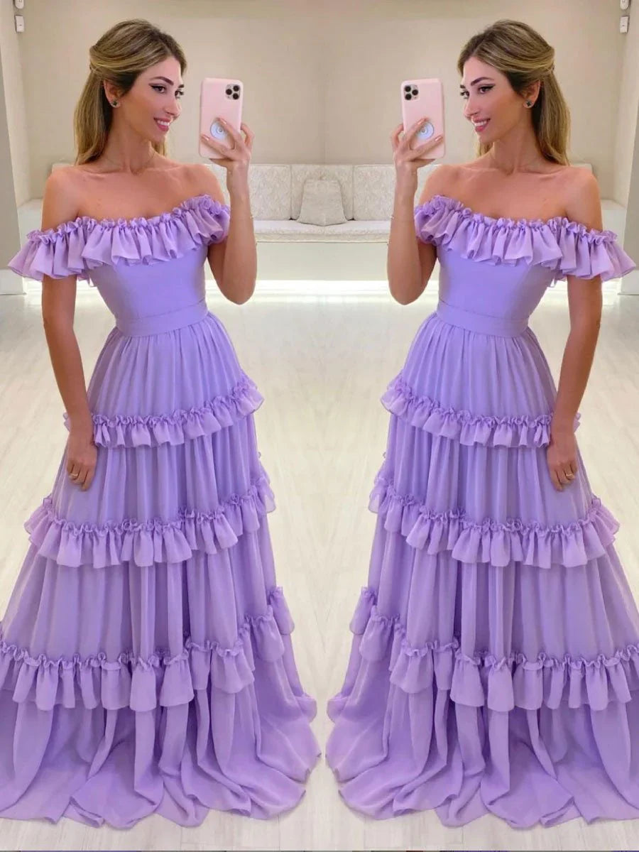 Vestido de fiesta de noche de gasa color lila con hombros descubiertos