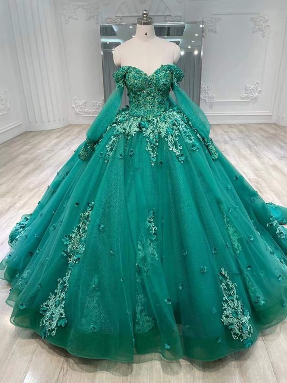 Vestido de quinceañera con apliques verdes de princesa, vestido de fiesta con escote corazón y hombros descubiertos, vestido de fiesta de quinceañera fg4538