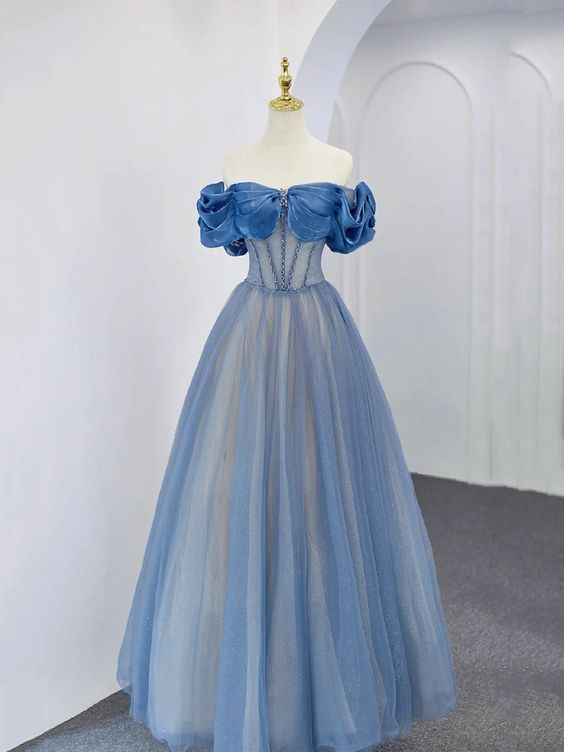 Vestido de fiesta largo de tul azul con cuentas, vestido de fiesta de noche con hombros descubiertos fg5069