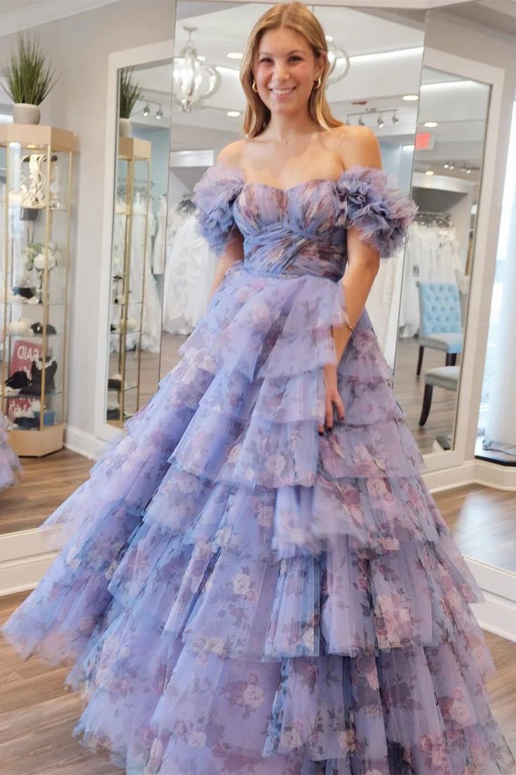 Print Flutter Sleeve Ruffle Tiered Long Prom Dress fg4607