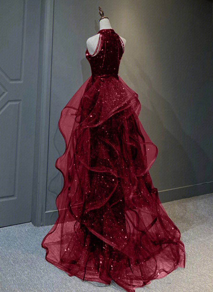 Vestido de fiesta largo con escote halter de tul y lentejuelas color rojo vino, vestido de noche color rojo vino fg4470
