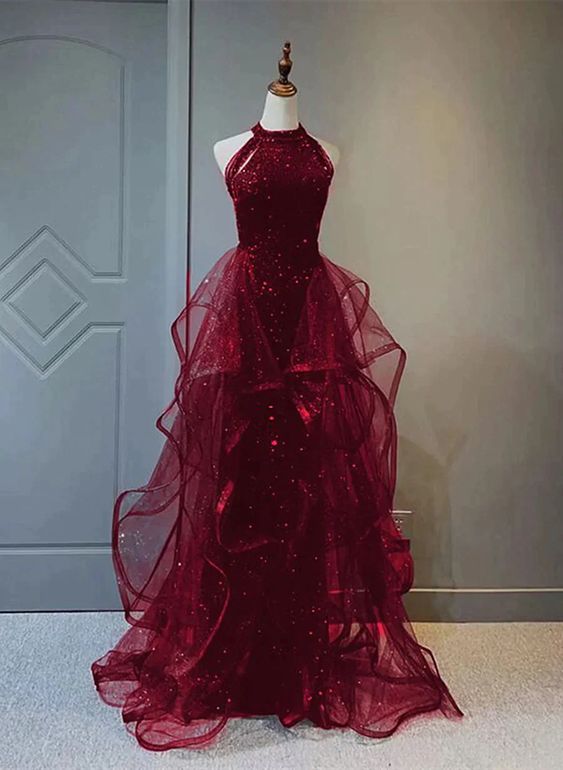 Vestido de fiesta largo con escote halter de tul y lentejuelas color rojo vino, vestido de noche color rojo vino fg4470