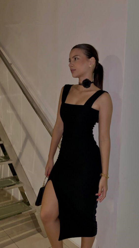 Vestido de fiesta negro con abertura fg4603