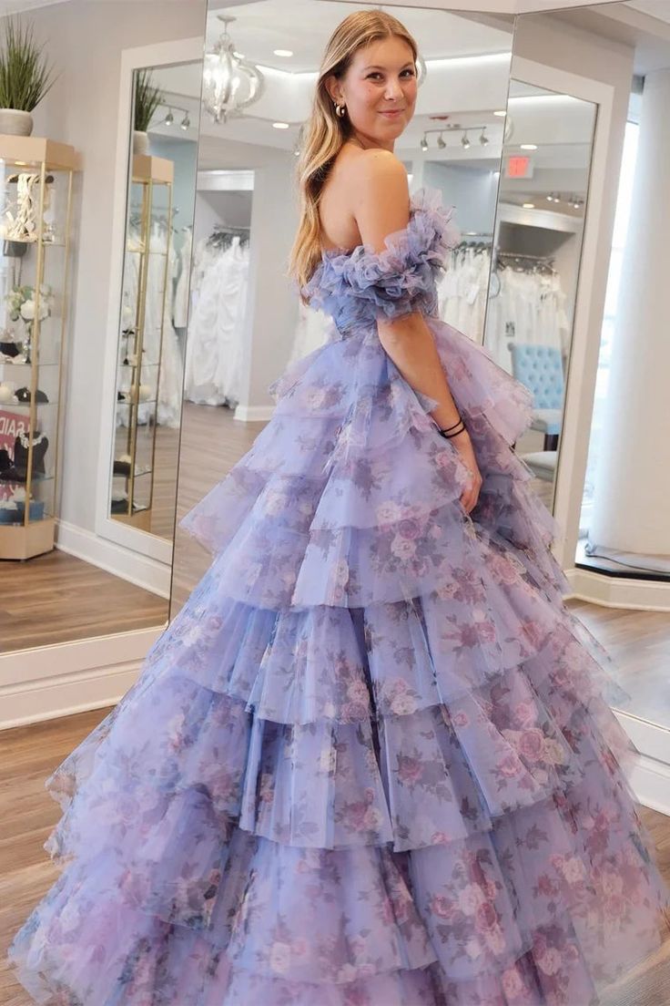 Print Flutter Sleeve Ruffle Tiered Long Prom Dress fg4607