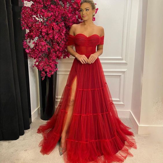 Elegant Red Corset Evening Dresses Side Split A Line Long Tulle Off The Shoulder Prom Dress fg4200