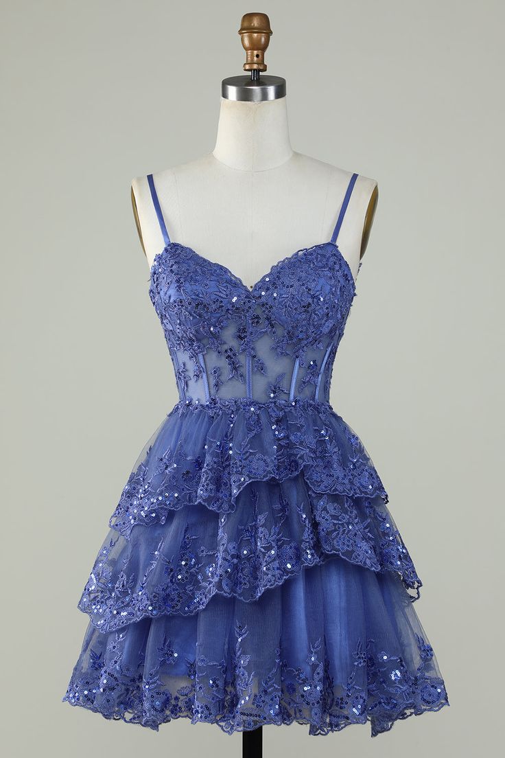 Vestido de fiesta con capas, corsé y lentejuelas color lavanda con tirantes fg3729