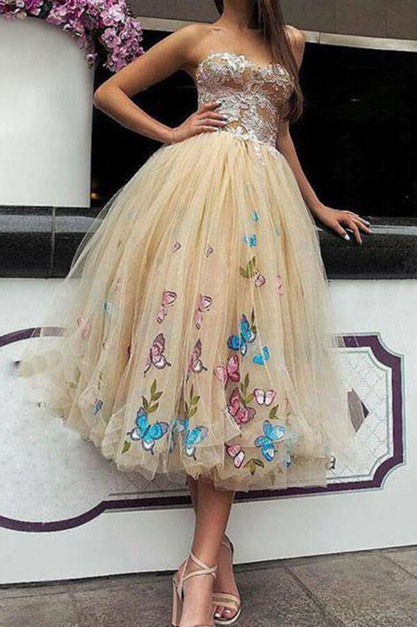 Vestidos de fiesta con escote en forma de mariposa y flores únicos en línea, vestidos de fiesta cortos fg3817