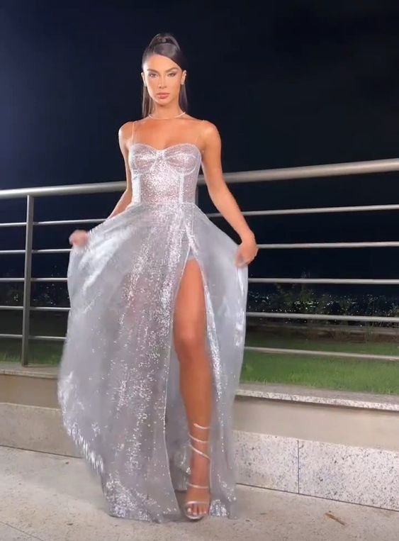 Silver tulle long prom dress, evening dress fg3283