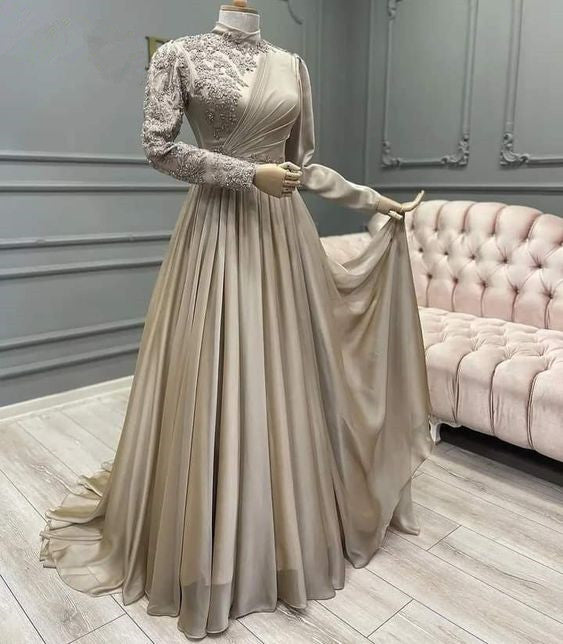 Vestido de fiesta musulmán de manga larga con apliques largos y champán, cuello alto, estilo árabe saudí, corte en A, vestidos de fiesta formales de noche fg1490