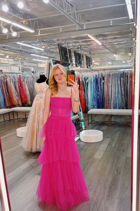 Vestido de fiesta formal con capas de color rosa intenso, vestidos de fiesta fg4183