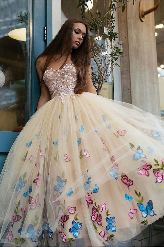 Vestidos de fiesta con escote en forma de mariposa y flores únicos en línea, vestidos de fiesta cortos fg3817