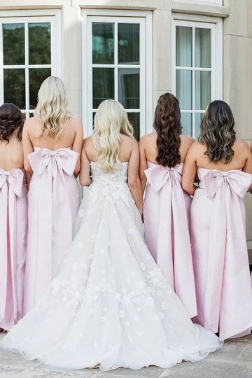 Elegant Sheath Square Neck Pink Satin Bridesmaid Dresses with Bow VK24112506