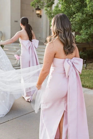 Elegant Sheath Square Neck Pink Satin Bridesmaid Dresses with Bow VK24112506