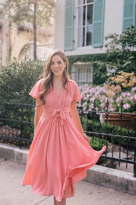Cute A-Line V Neck Cap Sleeve Chiffon Tea Length Bridesmaid Dresses,Wedding Guest Party Dresses VK0610002