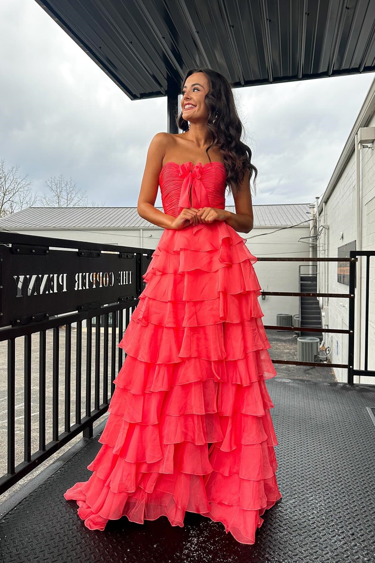 Cute A-Line Sweetheart Zipper Back Tiered Chiffon Prom Dress With Slit