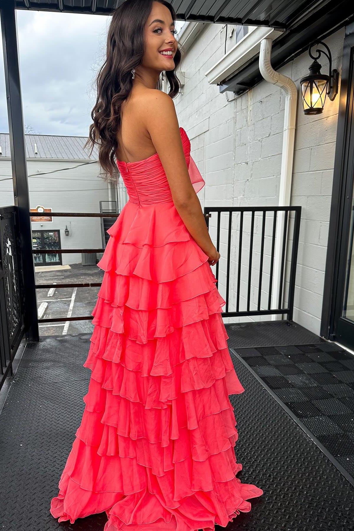 Cute A-Line Sweetheart Zipper Back Tiered Chiffon Prom Dress With Slit