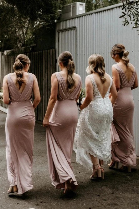 Chic V Neck Sleeveless Long Bridesmaid Dresses, Simple Floor Length Bridesmaid Dress VK0509003