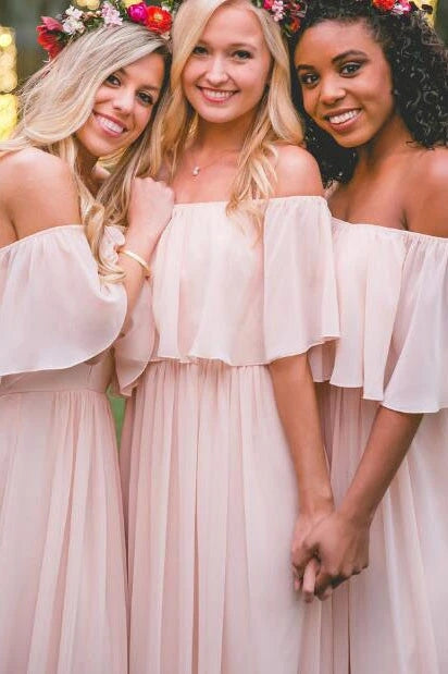 Off-the-shoulder Pastel Pink Ruffles Long Chiffon Bridesmaid Gowns,Floor-length Prom Dresses VK0116039