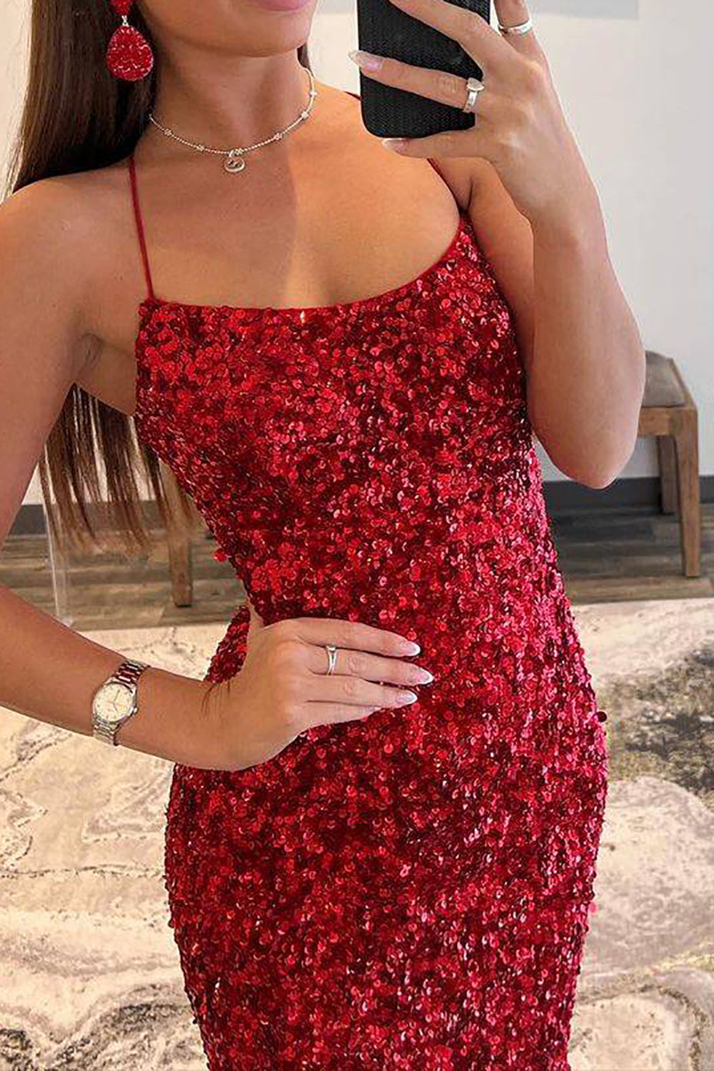 Sparkly Mermaid Spaghetti Straps Navy Sequins Long Prom Dress with Split Front