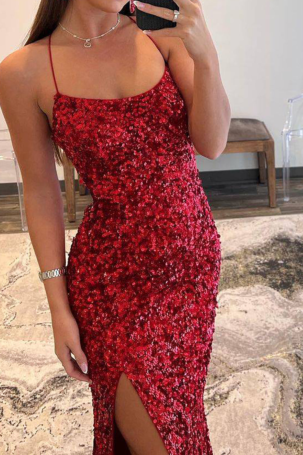 Sparkly Mermaid Spaghetti Straps Navy Sequins Long Prom Dress with Split Front