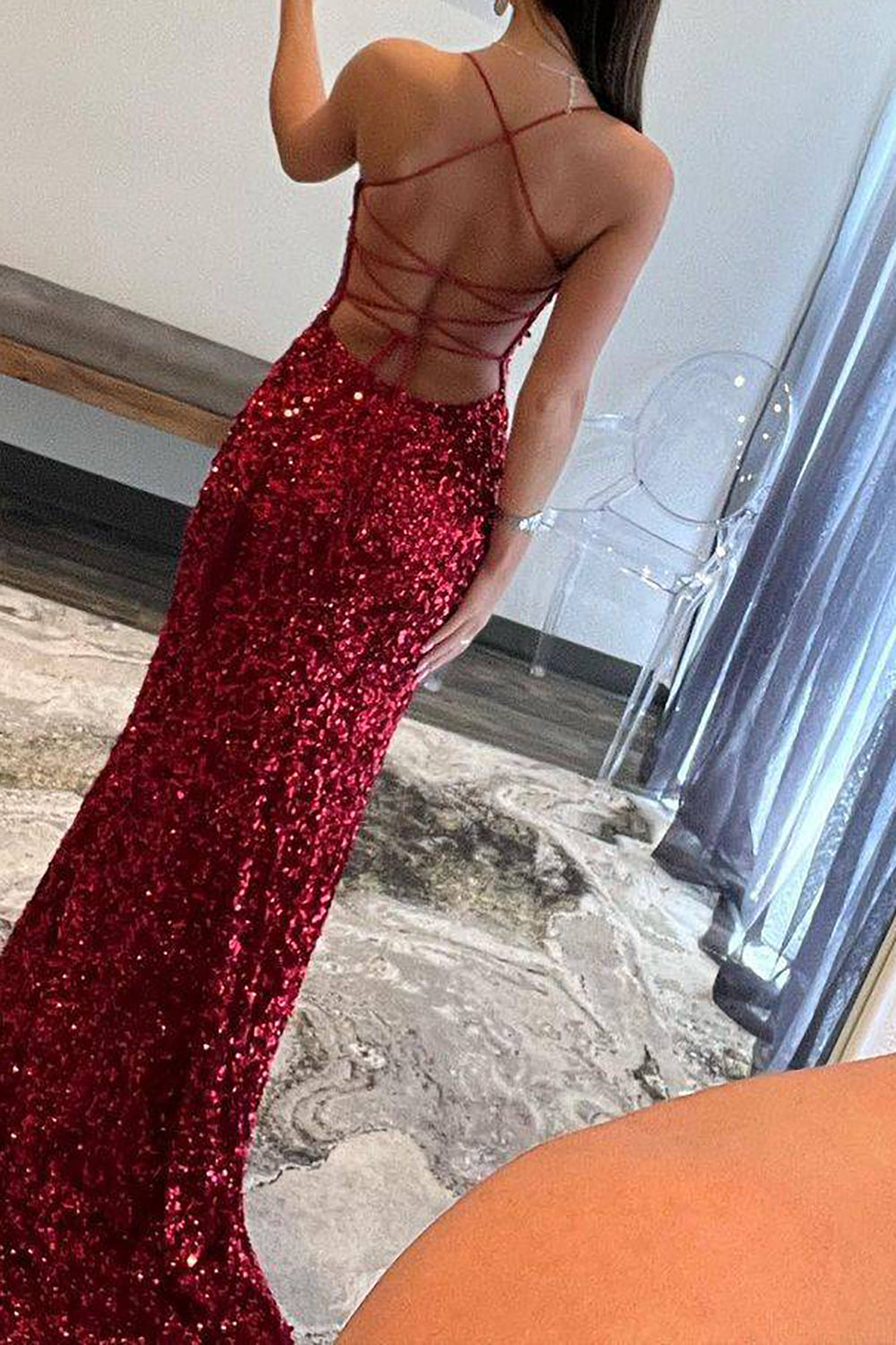 Sparkly Mermaid Spaghetti Straps Navy Sequins Long Prom Dress with Split Front