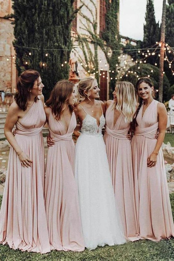 Elegant Light Pink Elastic Satin Floor Length Long Bridesmaid Dress VK0310005