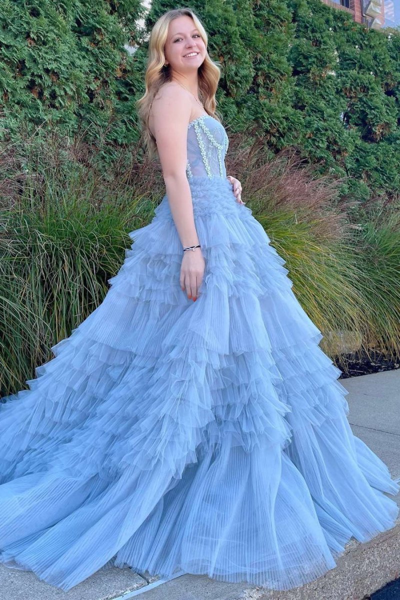 Jazlyn | Vestido de fiesta de tul con capas, sin tirantes y corte princesa