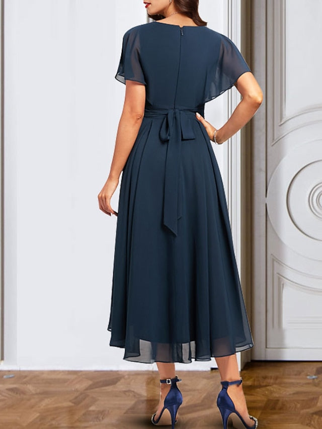 A-Line/Princess Chiffon V-Neck Short Sleeves Mother of the Bride Dresses with Belt