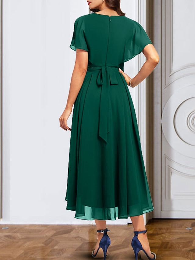 A-Line/Princess Chiffon V-Neck Short Sleeves Mother of the Bride Dresses with Belt