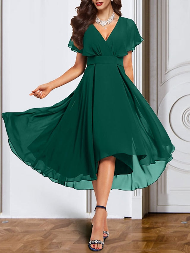 A-Line/Princess Chiffon V-Neck Short Sleeves Mother of the Bride Dresses with Belt