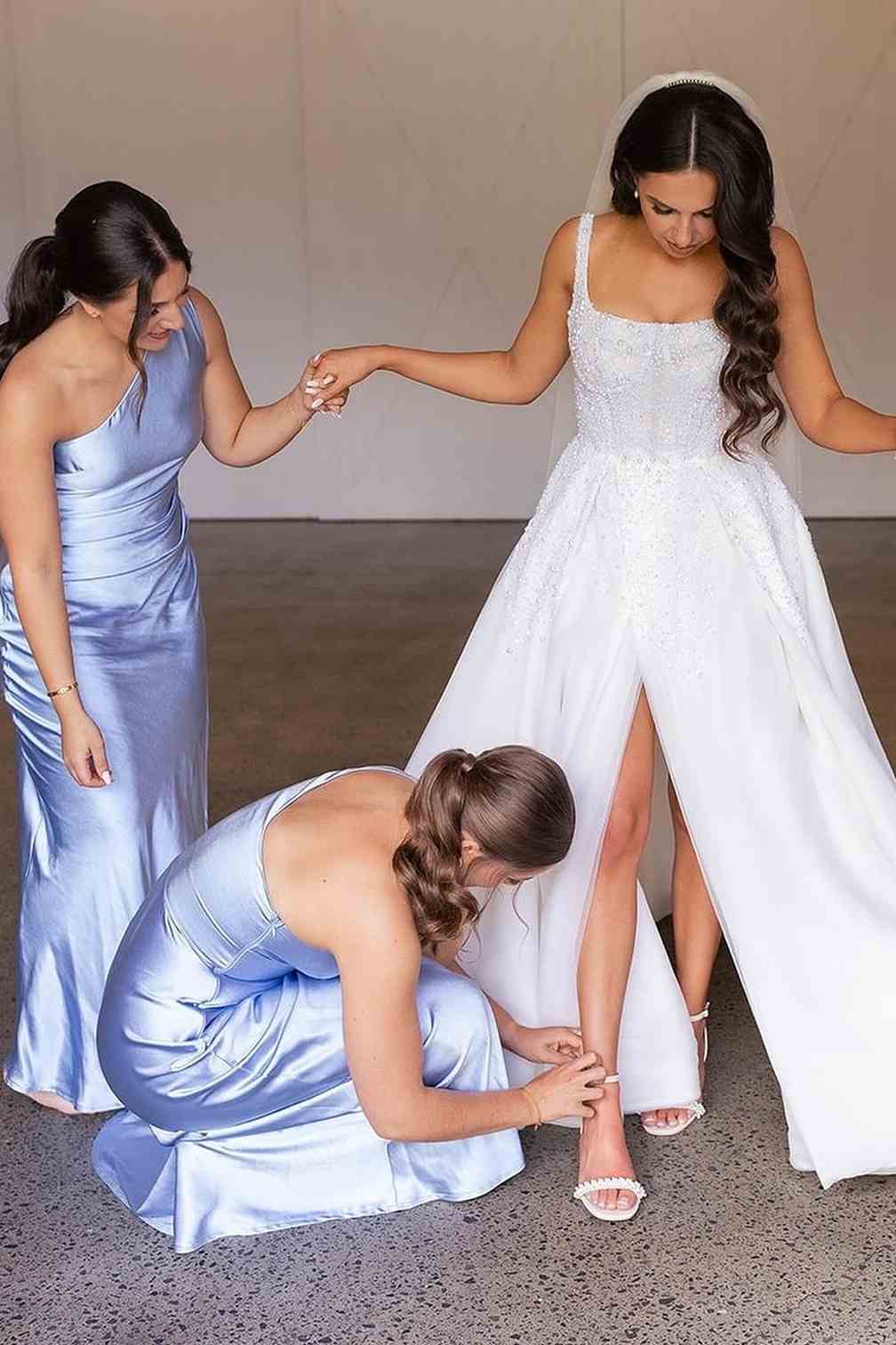 Fashion Sheath One Shoulder Silk Satin Long Bridesmaid Dresses