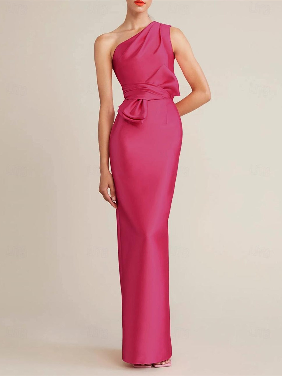 Sheath/Column Floor Length Sleeveless One Shoulder Wedding Guest Dresses Satin with Bow(s) Pocket