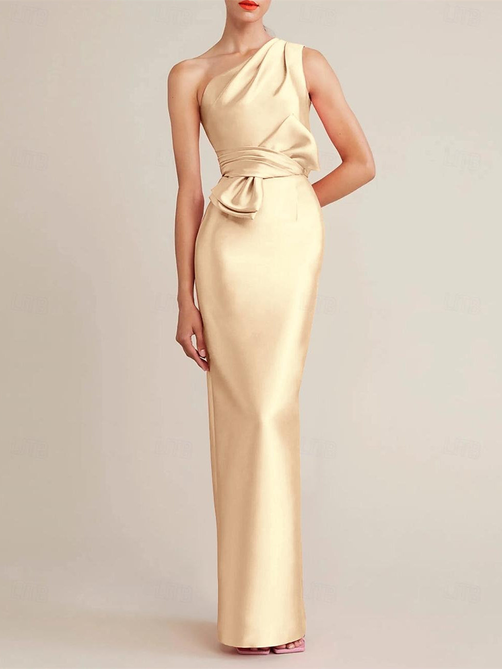 Sheath/Column Floor Length Sleeveless One Shoulder Wedding Guest Dresses Satin with Bow(s) Pocket
