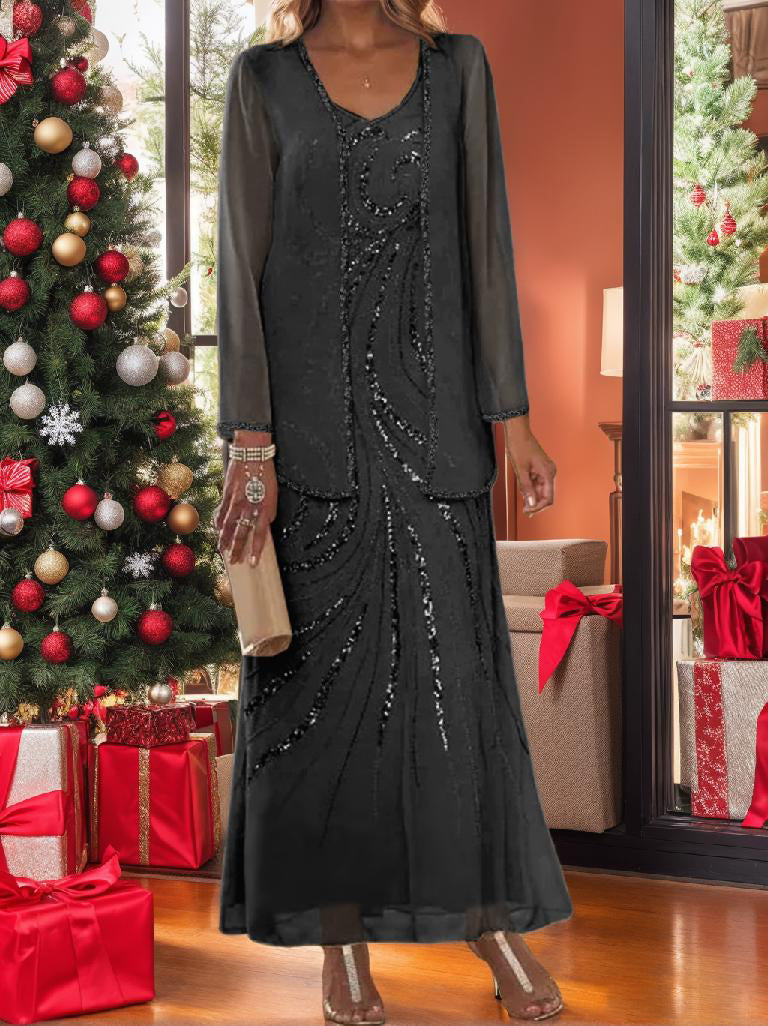 Sheath/Column V-Neck Ankle-Length Mother of the Bride Dresses with Jacket & Sequins