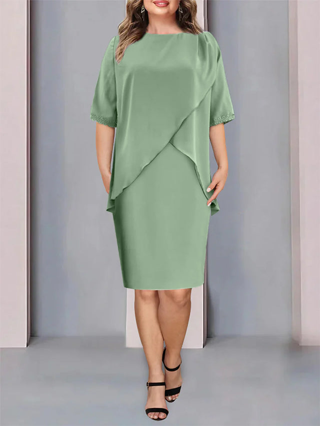 Sheath/Column Jewel Neck Knee-Length Half Sleeve Mother of the Bride Dresses with Beading Ruching