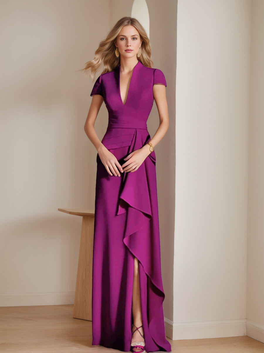 Sheath/Column V-Neck Short Sleeves Floor-Length Mother of the Bride Dresses with Split Side