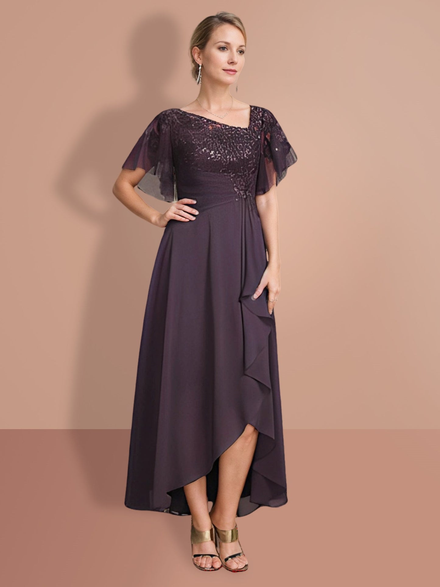 A-Line/Princess Short Sleeves Asymmetrical Mother of the Bride Dresses
