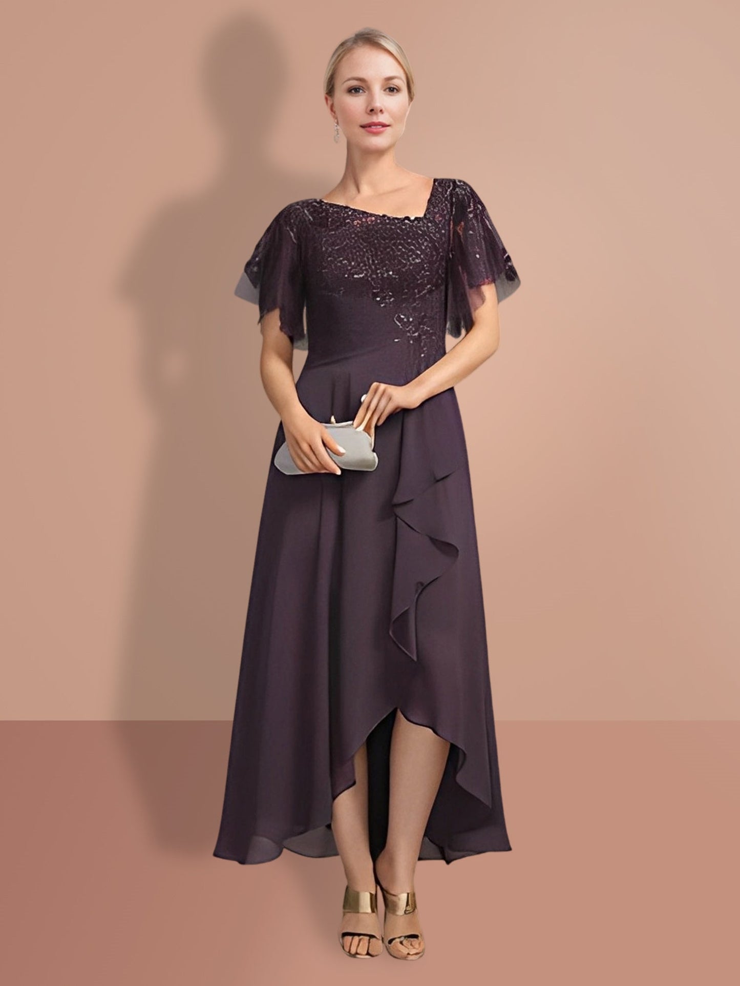 A-Line/Princess Short Sleeves Asymmetrical Mother of the Bride Dresses