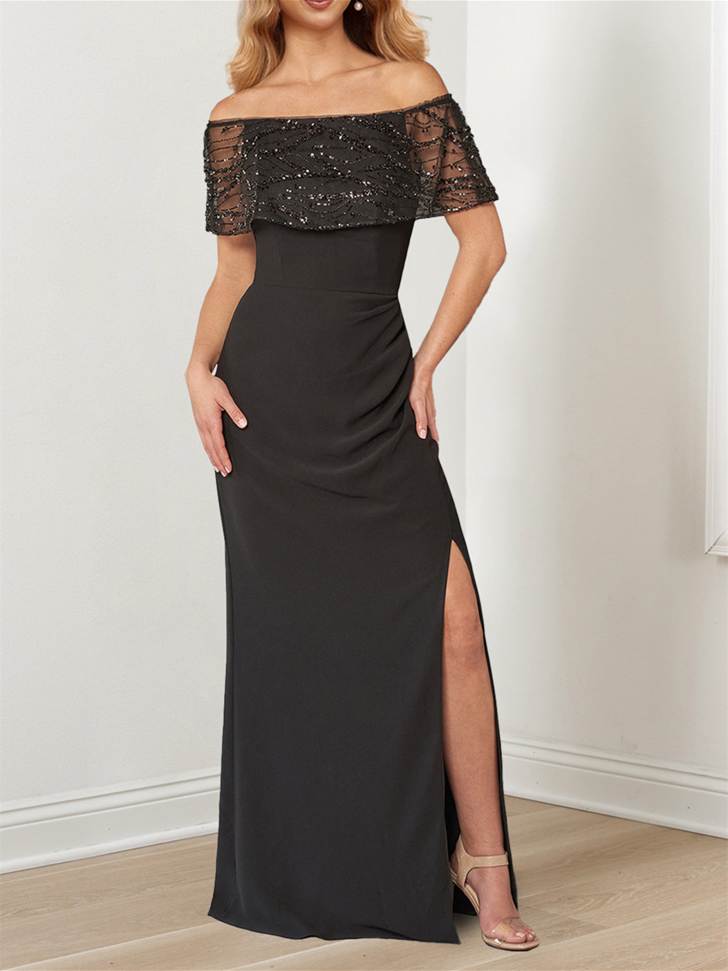 A-Line/Princess Sparkly Portrait Neckline Floor-Length Mother of the Bride Dresses