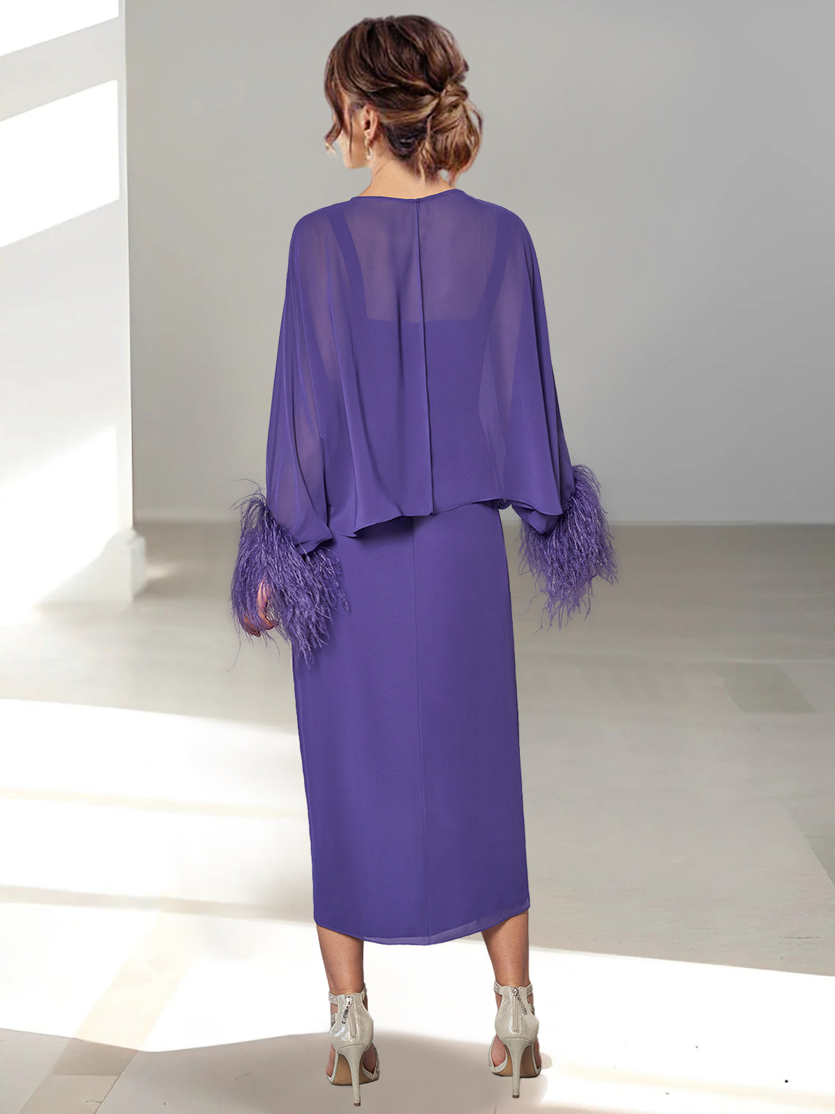 A-Line/Princess Tea-Length Mother of the Bride Dresses with Feathered Jacket
