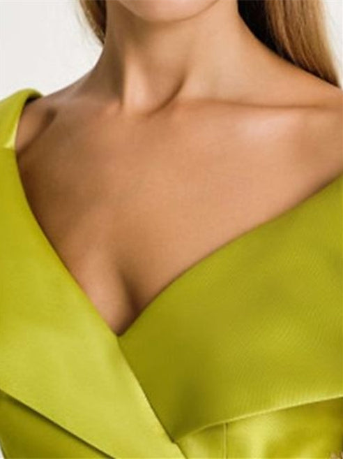 A-Line Short Sleeve Length V Neck Satin Rhinestone Mother of the Bride Dresses