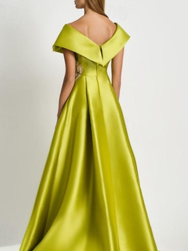 A-Line Short Sleeve Length V Neck Satin Rhinestone Mother of the Bride Dresses