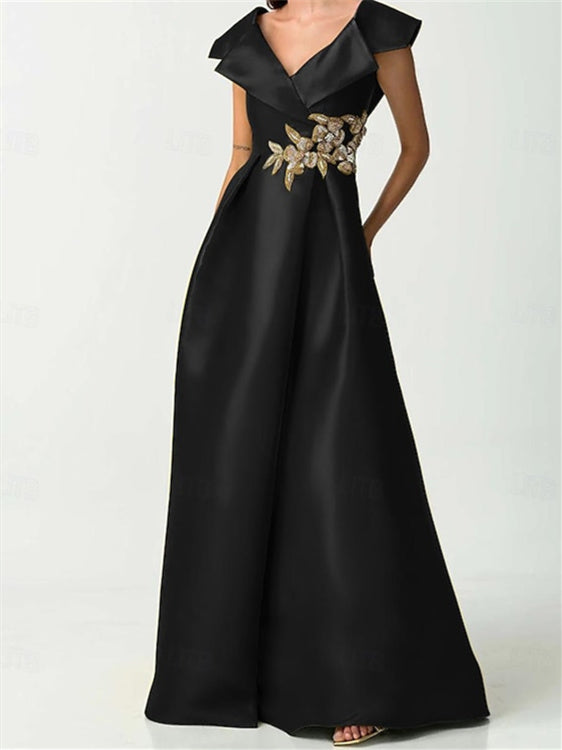 A-Line Short Sleeve Length V Neck Satin Rhinestone Mother of the Bride Dresses