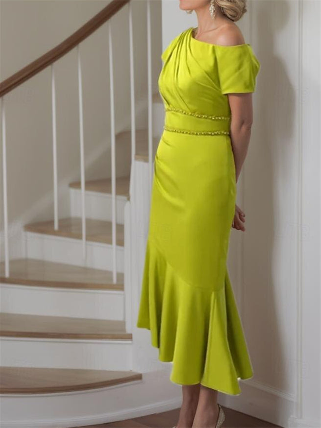Short Sleeve Tea Length One Shoulder Strappy Charmeuse Mother of the Bride Dresses